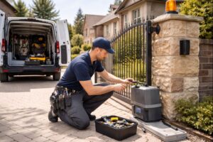 Automatic gate repair technician servicing a residential driveway gate in University Park, TX